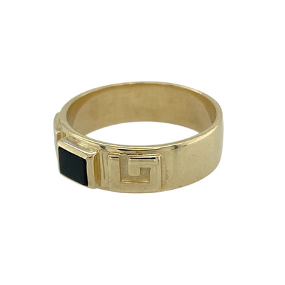Bring bold contrast and timeless Welsh design to your jewellery collection with this pre-owned 9ct yellow gold & onyx set Clogau Greek Key band ring, offering classic style with refined detail.

Design: The ring features a Greek key pattern around the band, accented with a rectangular onyx stone that adds striking contrast and visual interest.
Material: Made from 9-carat yellow gold, the warm polished finish beautifully complements the deep black tone of the onyx and highlights the signature Clogau styling.