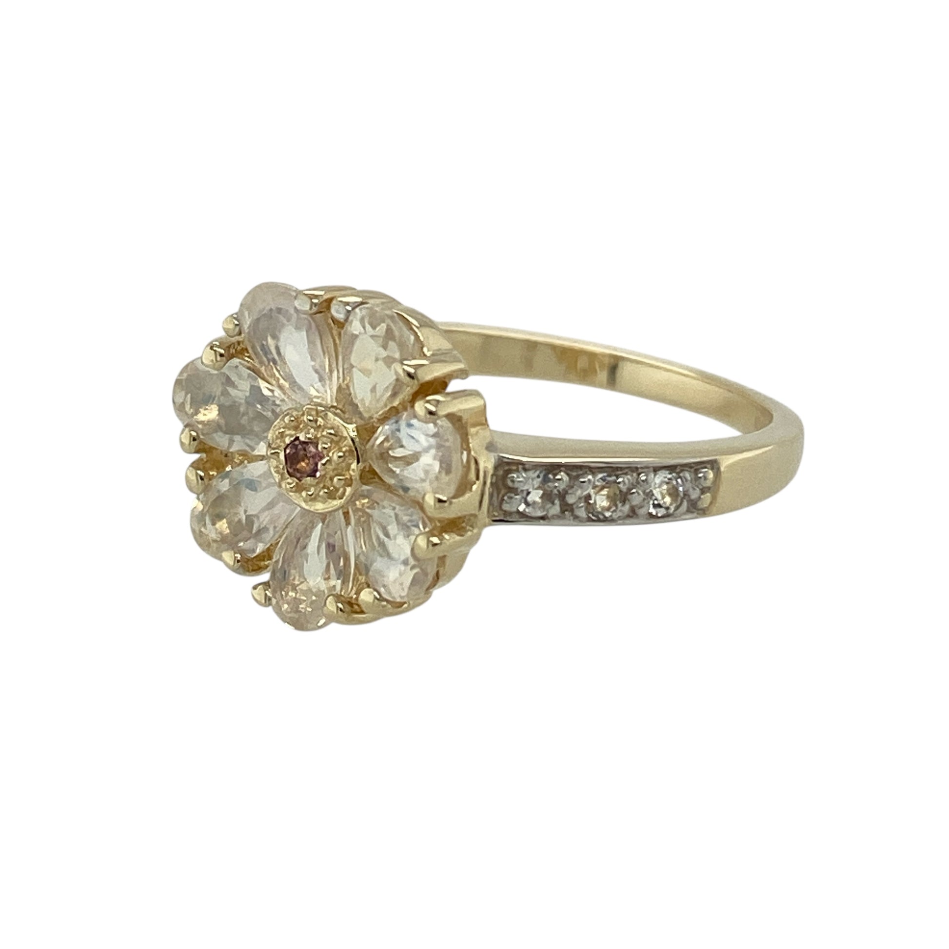 Bring vibrant colour and delicate sparkle to your jewellery collection with this pre-owned 9ct yellow gold ruby & cubic zirconia set flower ring, offering a charming and elegant floral design.

Design: The ring features a flower-inspired motif, with a small ruby at the centre and cubic zirconia forming the petals, creating a beautifully balanced and eye-catching floral focal point.
