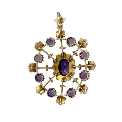 Bring vintage elegance and delicate colour to your jewellery collection with this pre-owned 9ct yellow gold amethyst & seed pearl set pendant, showcasing beautiful period-inspired detailing.

Design: The pendant features a vintage-style floral arrangement, with an oval amethyst at the centre, surrounded by seed pearls and an outer layer of round amethyst stones and seed pearls arranged in flower motifs.
