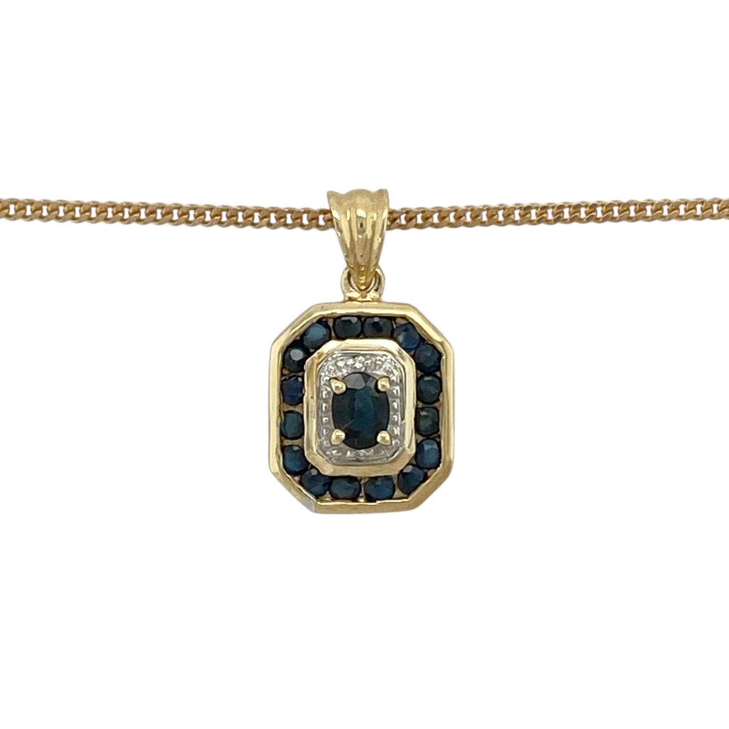 Bring refined colour and classic sparkle to your jewellery collection with this pre-owned 9ct yellow gold diamond & sapphire set pendant necklace, offering elegant design with timeless appeal.

Design: The necklace features a beautifully balanced pendant set with a sapphire and diamond accents, creating a graceful focal point suspended from a classic curb chain.