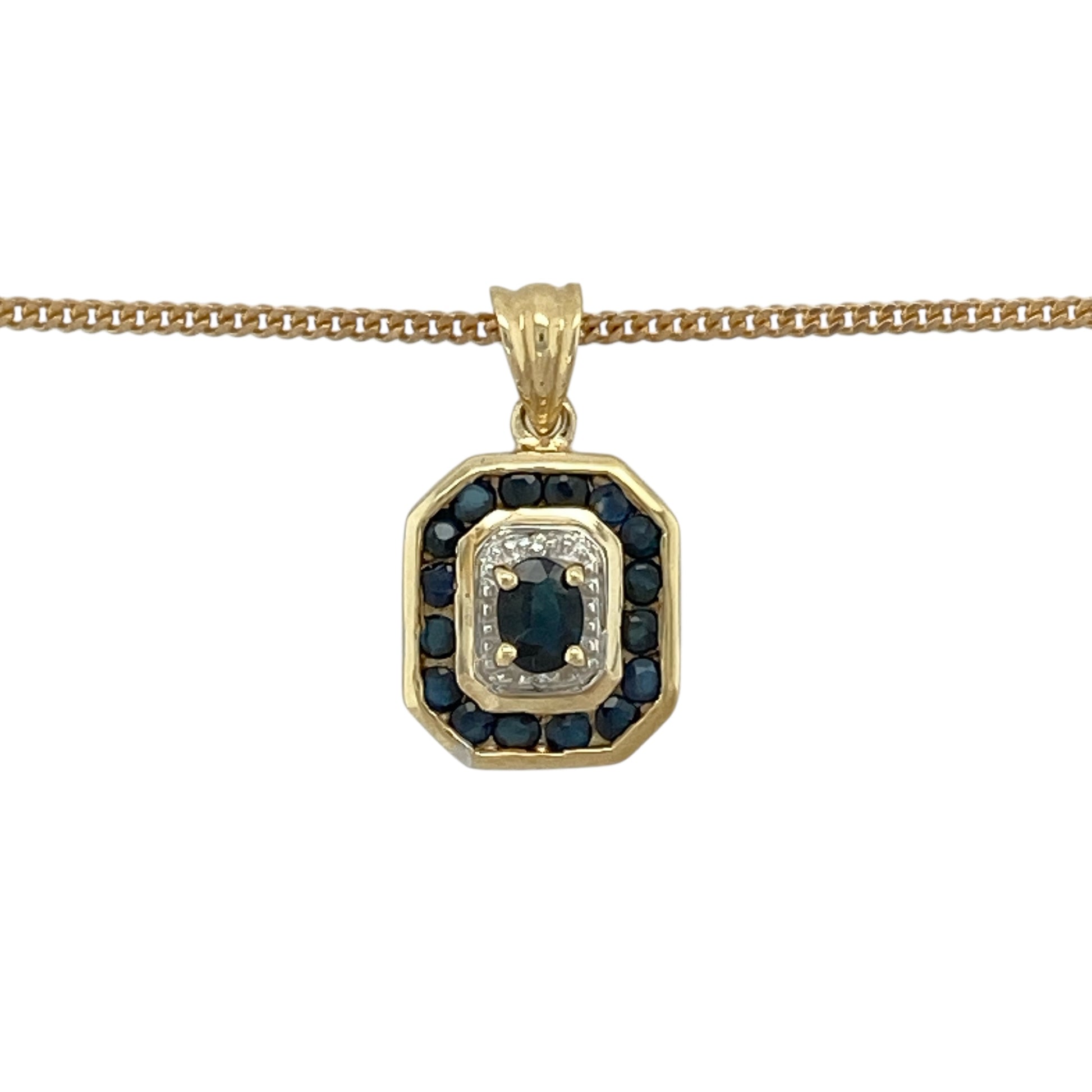 Bring refined colour and classic sparkle to your jewellery collection with this pre-owned 9ct yellow gold diamond & sapphire set pendant necklace, offering elegant design with timeless appeal.

Design: The necklace features a beautifully balanced pendant set with a sapphire and diamond accents, creating a graceful focal point suspended from a classic curb chain.