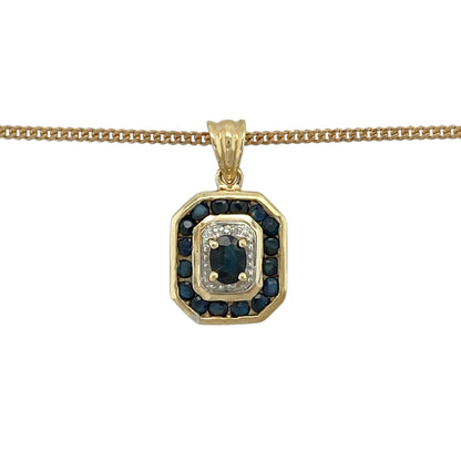 Bring refined colour and classic sparkle to your jewellery collection with this pre-owned 9ct yellow gold diamond & sapphire set pendant necklace, offering elegant design with timeless appeal.

Design: The necklace features a beautifully balanced pendant set with a sapphire and diamond accents, creating a graceful focal point suspended from a classic curb chain.