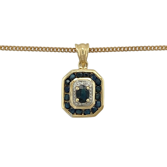 Bring refined colour and classic sparkle to your jewellery collection with this pre-owned 9ct yellow gold diamond & sapphire set pendant necklace, offering elegant design with timeless appeal.

Design: The necklace features a beautifully balanced pendant set with a sapphire and diamond accents, creating a graceful focal point suspended from a classic curb chain.