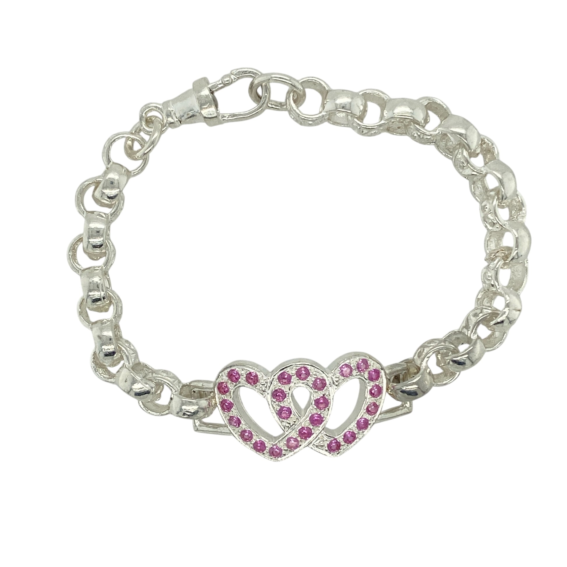 New 925 Silver & Pink Stone Set Double Heart 6.5" Patterned Belcher Bracelet