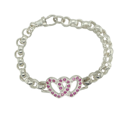 New 925 Silver & Pink Stone Set Double Heart 6.5" Patterned Belcher Bracelet