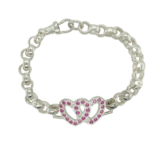 New 925 Silver & Pink Stone Set Double Heart 6.5" Patterned Belcher Bracelet
