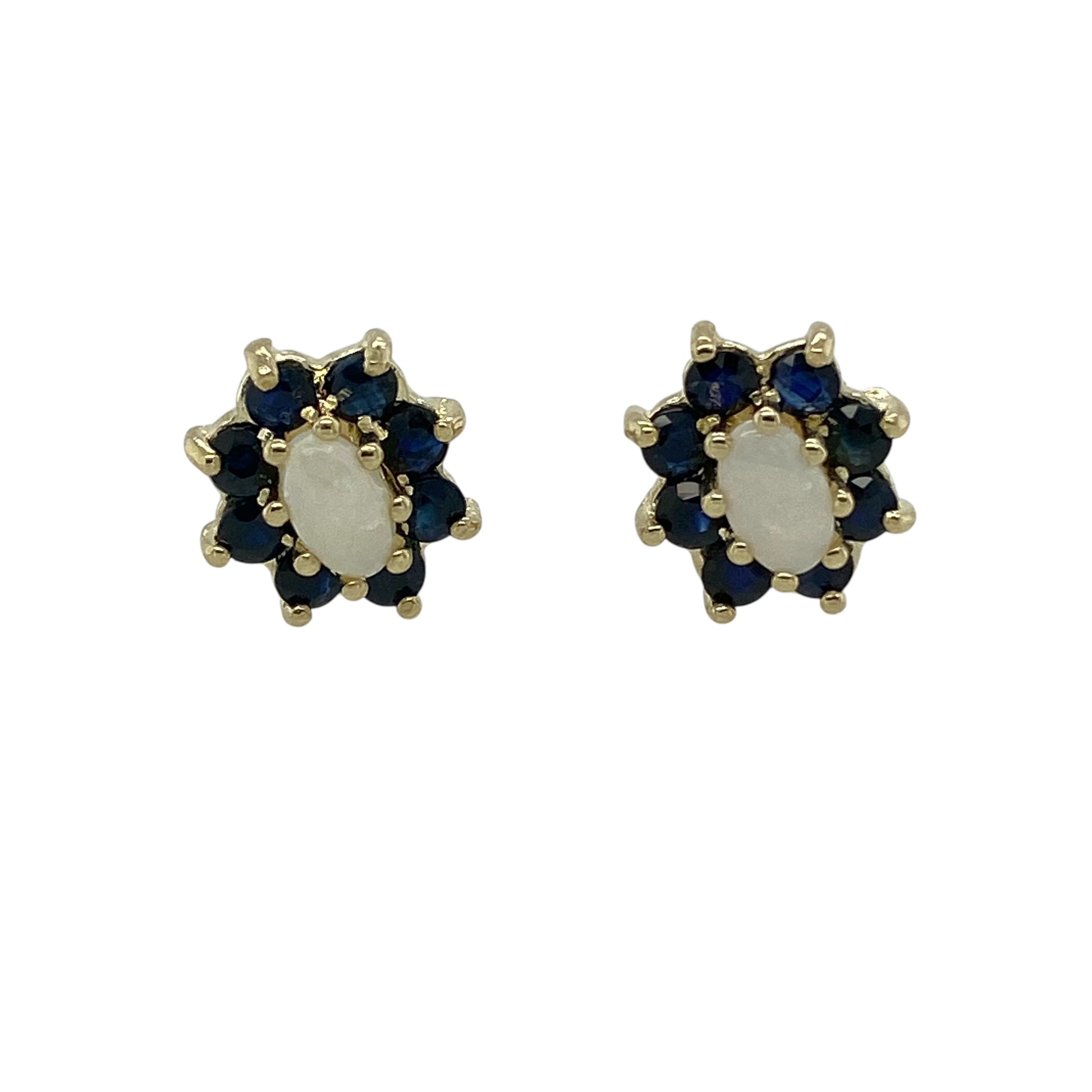 Bring soft iridescence and rich colour to your jewellery collection with these pre-owned 9ct yellow gold sapphire & opalique set cluster stud earrings, offering elegant contrast with timeless charm.

Design: The earrings feature a classic cluster stud style, with luminous opalique centre stones surrounded by deep blue sapphires to create a refined and eye-catching look.