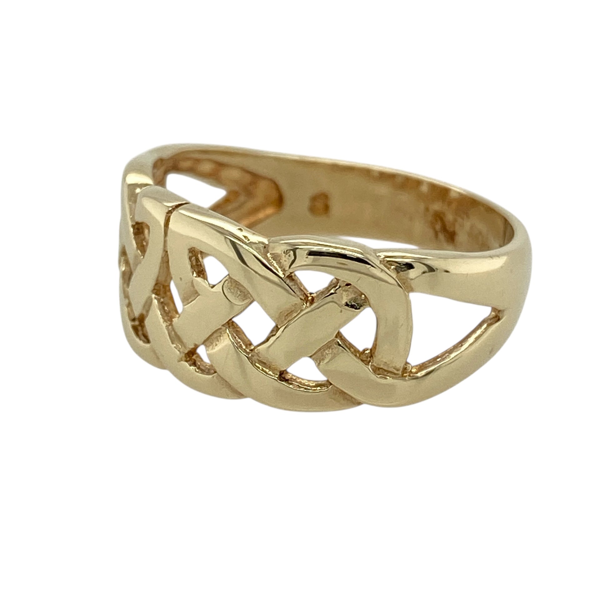 Bring timeless Celtic symbolism and bold character to your jewellery collection with this pre-owned 9ct gold Celtic knot band ring, a striking piece that combines tradition with everyday wearability.

Design: The ring features a continuous Celtic knot pattern across the front of the band, symbolising unity and eternity. The decorative front measures approximately 9mm in width, giving the ring a strong and eye-catching presence.