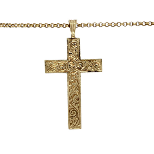 Bring bold faith-inspired style and standout presence to your jewellery collection with this pre-owned 9ct yellow gold patterned large cross pendant necklace, a striking piece that combines traditional symbolism with substantial gold weight.

Design: The necklace features a large cross pendant with an engraved patterned finish, giving added texture and visual depth.