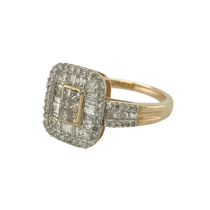 Bring contemporary sparkle and classic elegance to your jewellery collection with this pre-owned 9ct yellow gold diamond set halo cluster ring, a striking design that combines multiple diamond cuts for exceptional brilliance.

Design: The ring features a halo-style cluster front measuring approximately 13mm in height, composed of a sophisticated mix of princess-cut, baguette-cut, and brilliant-cut diamonds. This combination creates depth, texture, and eye-catching sparkle across the face of the ring.