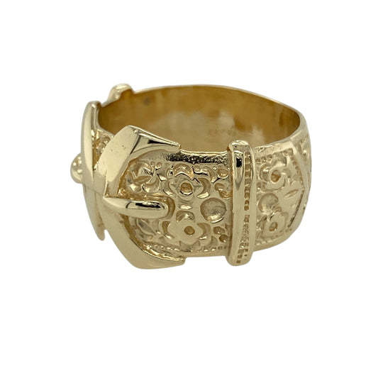 Bring bold character and vintage-inspired style to your jewellery collection with this pre-owned 9ct yellow gold patterned double buckle ring, a striking statement piece with distinctive detail and strong presence.

Design: The ring features a double buckle motif across the front, finished with engraved patterning that adds texture and visual depth. The buckle front measures approximately 17mm in height, creating a bold and eye-catching focal point.