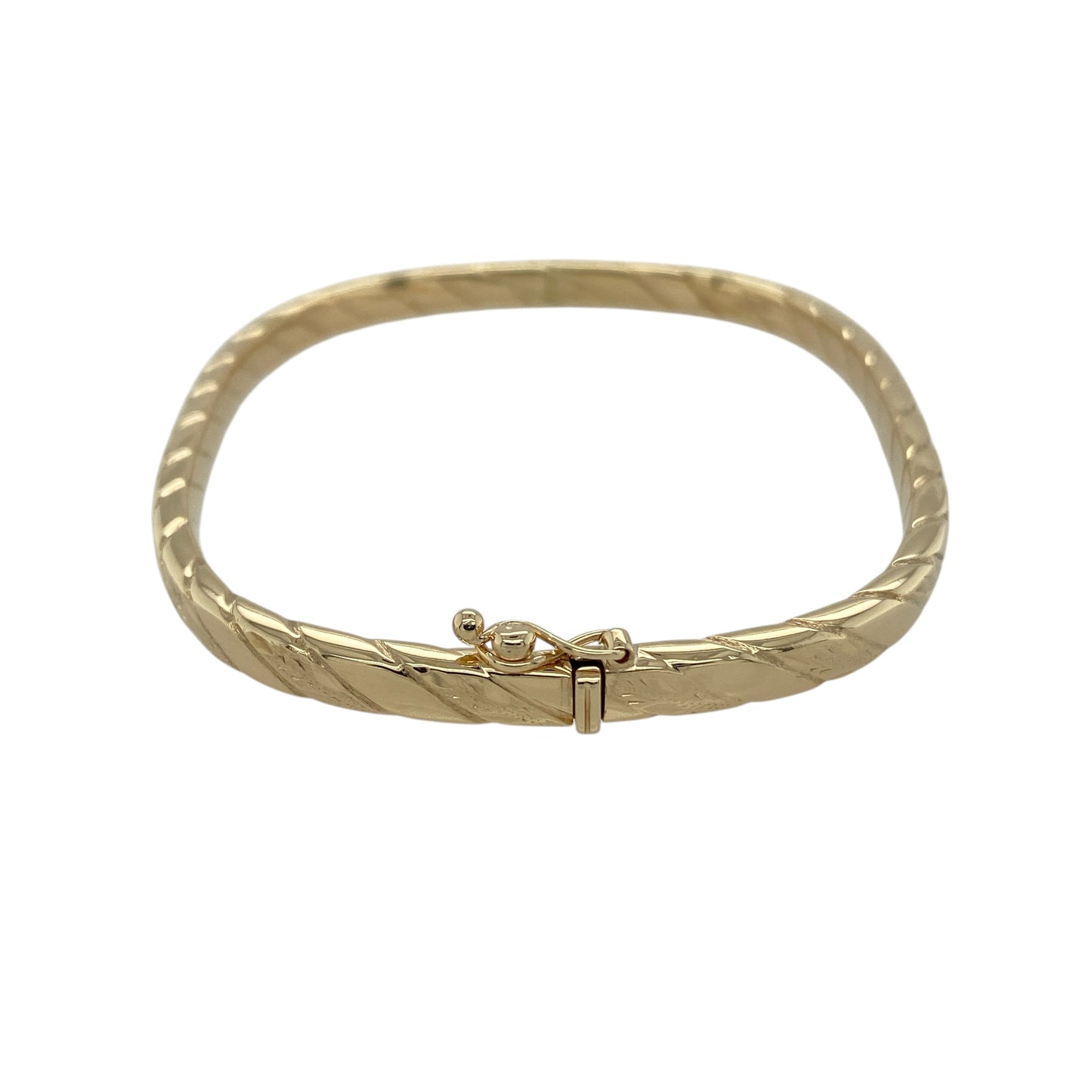 Bring refined structure and elegant texture to your jewellery collection with this pre-owned 9ct yellow gold twisted squared hinged bangle, a stylish piece that combines classic gold with a contemporary edge.

Design: The bangle features a squared profile with a twisted design, adding depth and visual interest while maintaining clean, defined lines. Measuring approximately 5mm in width, it offers a balanced and distinctive presence on the wrist.