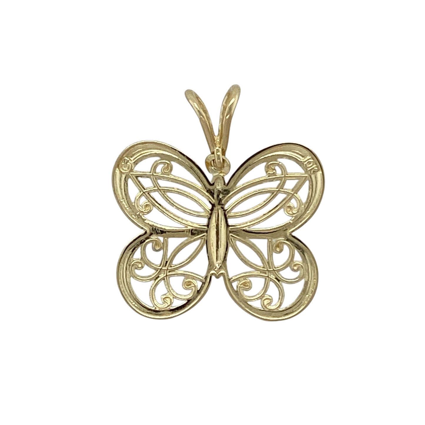Bring delicate detail and graceful symbolism to your jewellery collection with this pre-owned 9ct yellow and white gold filigree patterned butterfly pendant, a charming piece with light, elegant appeal.

Design: The pendant features a butterfly motif with an intricate filigree pattern, blending yellow and white gold tones to highlight the fine detailing and graceful shape.