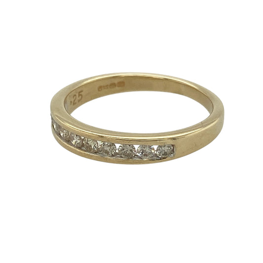 Bring refined sparkle and classic style to your jewellery collection with this pre-owned 9ct yellow gold diamond set band ring, a timeless design perfect for everyday elegance.

Design: The front of the band measures 3mm wide and is set with diamonds arranged in a clean, elegant line for subtle yet eye-catching brilliance.
Material: Made from polished 9-carat yellow gold, the warm tone beautifully complements the sparkle of the diamonds.