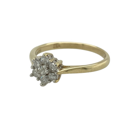 Bring classic charm and refined sparkle to your jewellery collection with this pre-owned 9ct yellow gold diamond set flower cluster ring, a timeless design with elegant appeal.

Design: The ring features a floral-inspired cluster of diamonds forming a delicate focal point, with the decorative front measuring 8mm high for a balanced and eye-catching presence.
Material: Made from polished 9-carat yellow gold, the warm tone enhances the brilliance of the diamonds and complements the classic flower motif.