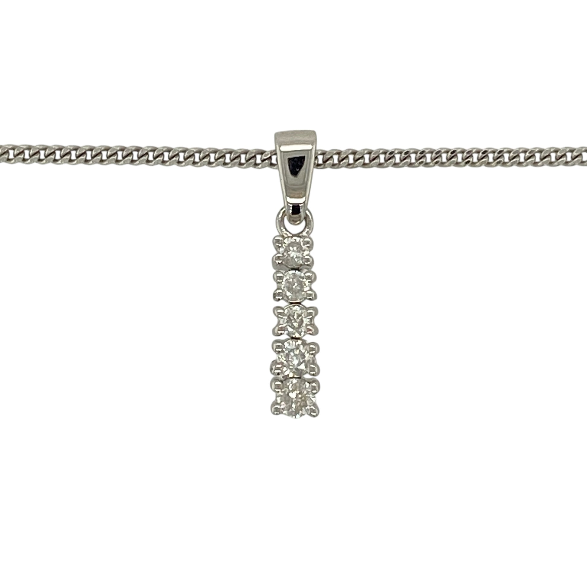 Bring clean lines and contemporary sparkle to your jewellery collection with this pre-owned 9ct white gold diamond set bar pendant necklace, a refined design with modern elegance.

Design: The pendant features a sleek bar design accented with diamonds in graduating sizes, creating a subtle yet eye-catching sparkle. Measuring 2cm long including the bail, it offers a minimalist and stylish focal point.