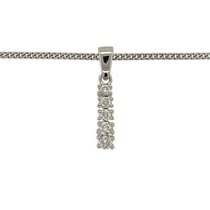 Bring clean lines and contemporary sparkle to your jewellery collection with this pre-owned 9ct white gold diamond set bar pendant necklace, a refined design with modern elegance.

Design: The pendant features a sleek bar design accented with diamonds in graduating sizes, creating a subtle yet eye-catching sparkle. Measuring 2cm long including the bail, it offers a minimalist and stylish focal point.
