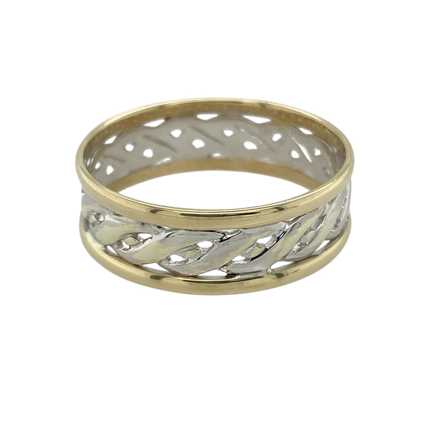 Bring heritage-inspired style and striking contrast to your jewellery collection with this pre-owned 9ct yellow and white gold open Celtic weave band ring, a bold design rooted in traditional craftsmanship.

Design: The ring features an open Celtic weave pattern across a 7mm wide band, creating an intricate and eye-catching texture with strong visual presence.