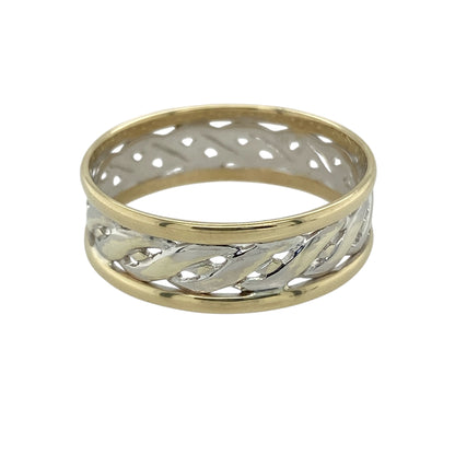 Bring heritage-inspired style and striking contrast to your jewellery collection with this pre-owned 9ct yellow and white gold open Celtic weave band ring, a bold design rooted in traditional craftsmanship.

Design: The ring features an open Celtic weave pattern across a 7mm wide band, creating an intricate and eye-catching texture with strong visual presence.