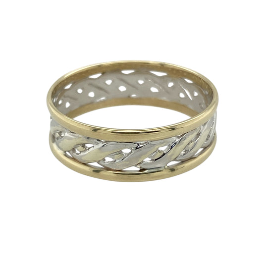 Bring heritage-inspired style and striking contrast to your jewellery collection with this pre-owned 9ct yellow and white gold open Celtic weave band ring, a bold design rooted in traditional craftsmanship.

Design: The ring features an open Celtic weave pattern across a 7mm wide band, creating an intricate and eye-catching texture with strong visual presence.