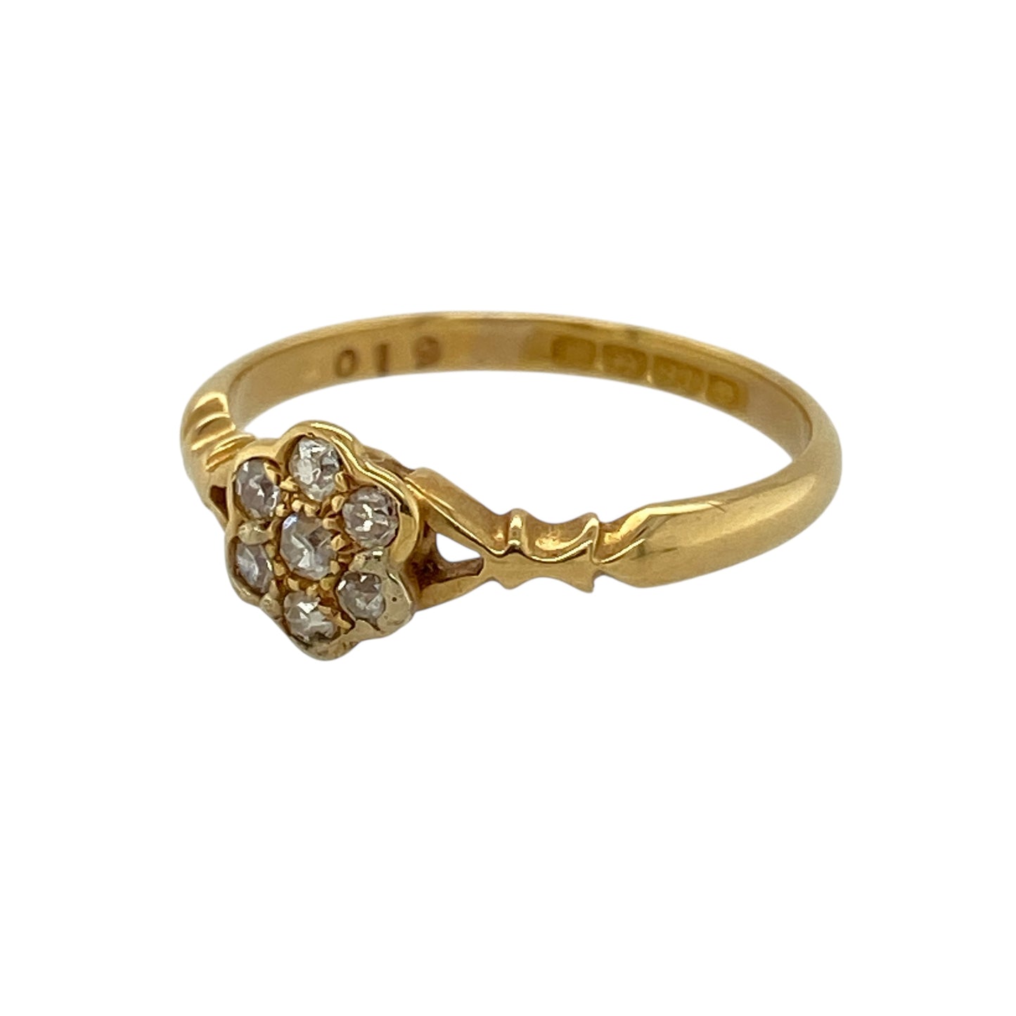 Bring vintage-inspired elegance and refined sparkle to your jewellery collection with this pre-owned 18ct yellow gold diamond set Art Deco flower cluster ring, a beautifully detailed design with timeless character.

Design: The ring features an Art Deco–inspired flower cluster arrangement, forming a delicate yet eye-catching focal point. The decorative front measures 7mm high, offering a refined and balanced presence on the finger.