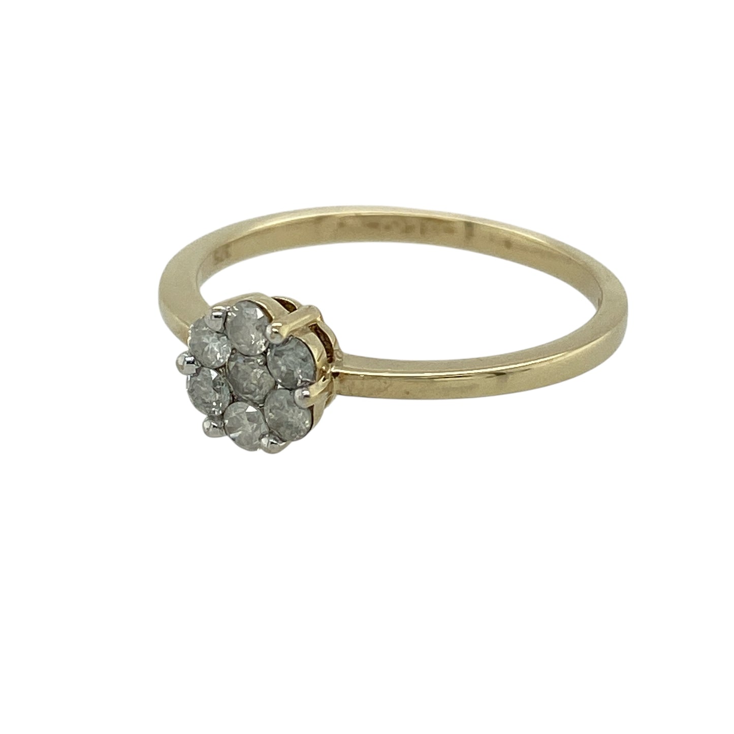 Bring classic charm and elegant sparkle to your jewellery collection with this pre-owned 9ct yellow gold diamond set flower cluster ring, a timeless design with graceful appeal.

Design: The ring features a floral-inspired cluster of diamonds forming a delicate focal point, offering a refined and eye-catching presence on the finger.
Material: Made from polished 9-carat yellow gold, the warm tone enhances the brilliance of the diamonds and complements the classic flower motif.