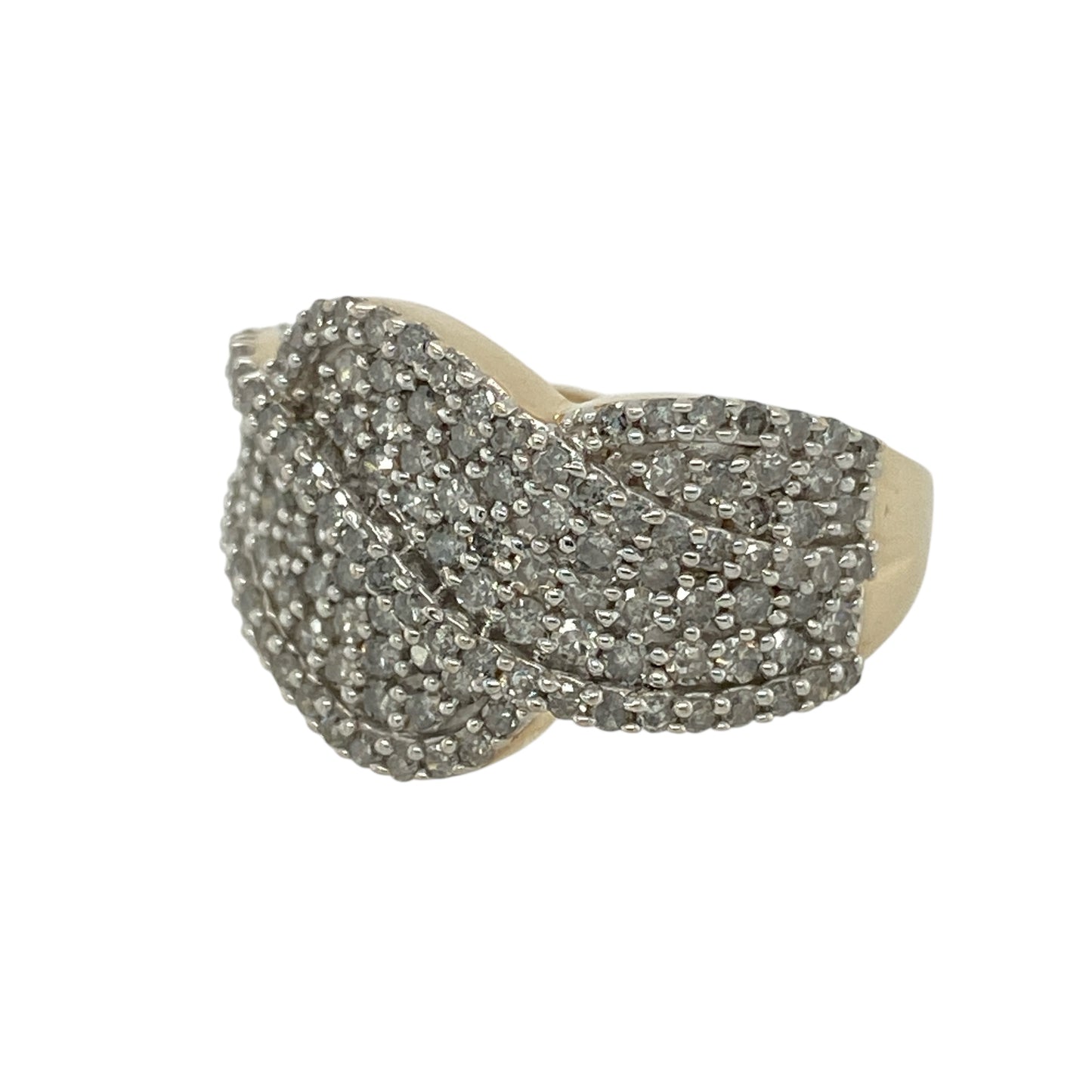 Bring bold sparkle and elegant movement to your jewellery collection with this pre-owned 9ct yellow gold diamond set multi-stone wide twist style band ring, a striking design with impressive presence and luxurious detail.

Design: The ring features a wide twist-style front measuring 14mm high, showcasing an eye-catching multi-stone arrangement that creates depth, texture, and flowing movement across the finger.