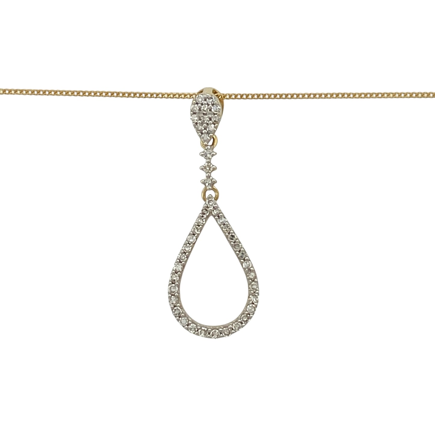 Bring elegant simplicity and refined sparkle to your jewellery collection with this pre-owned 18ct yellow gold diamond set open teardrop pendant necklace, a graceful design with timeless appeal.

Design: The pendant features an open teardrop silhouette accented with diamonds, creating a light and elegant focal point. Measuring 3cm long including the bail, it offers a beautifully proportioned and eye-catching profile.