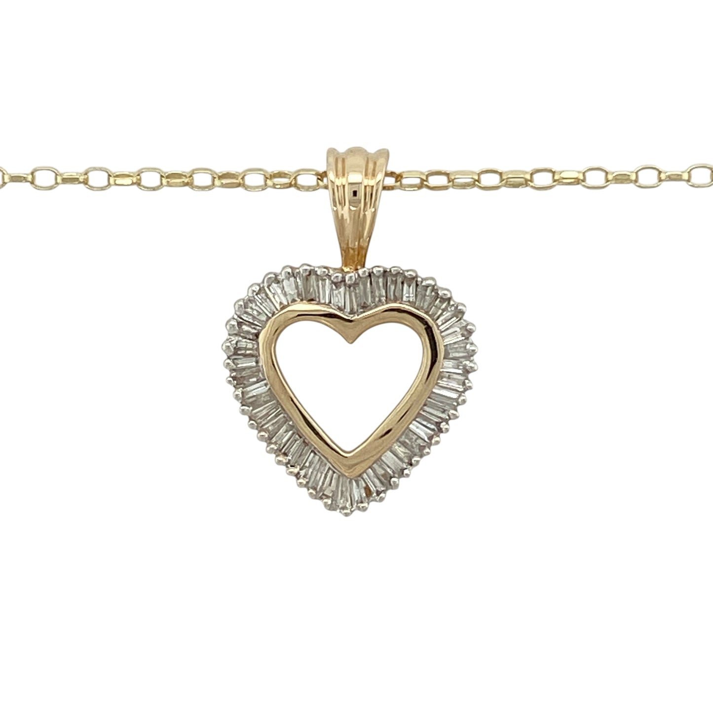Bring romantic elegance and refined sparkle to your jewellery collection with this pre-owned 9ct yellow gold diamond set open heart pendant necklace, a timeless design with graceful charm.

Design: The pendant features an open heart silhouette accented with diamonds, creating a delicate yet eye-catching focal point. Measuring 2.4cm long including the bail, it offers a beautifully balanced and elegant presence.