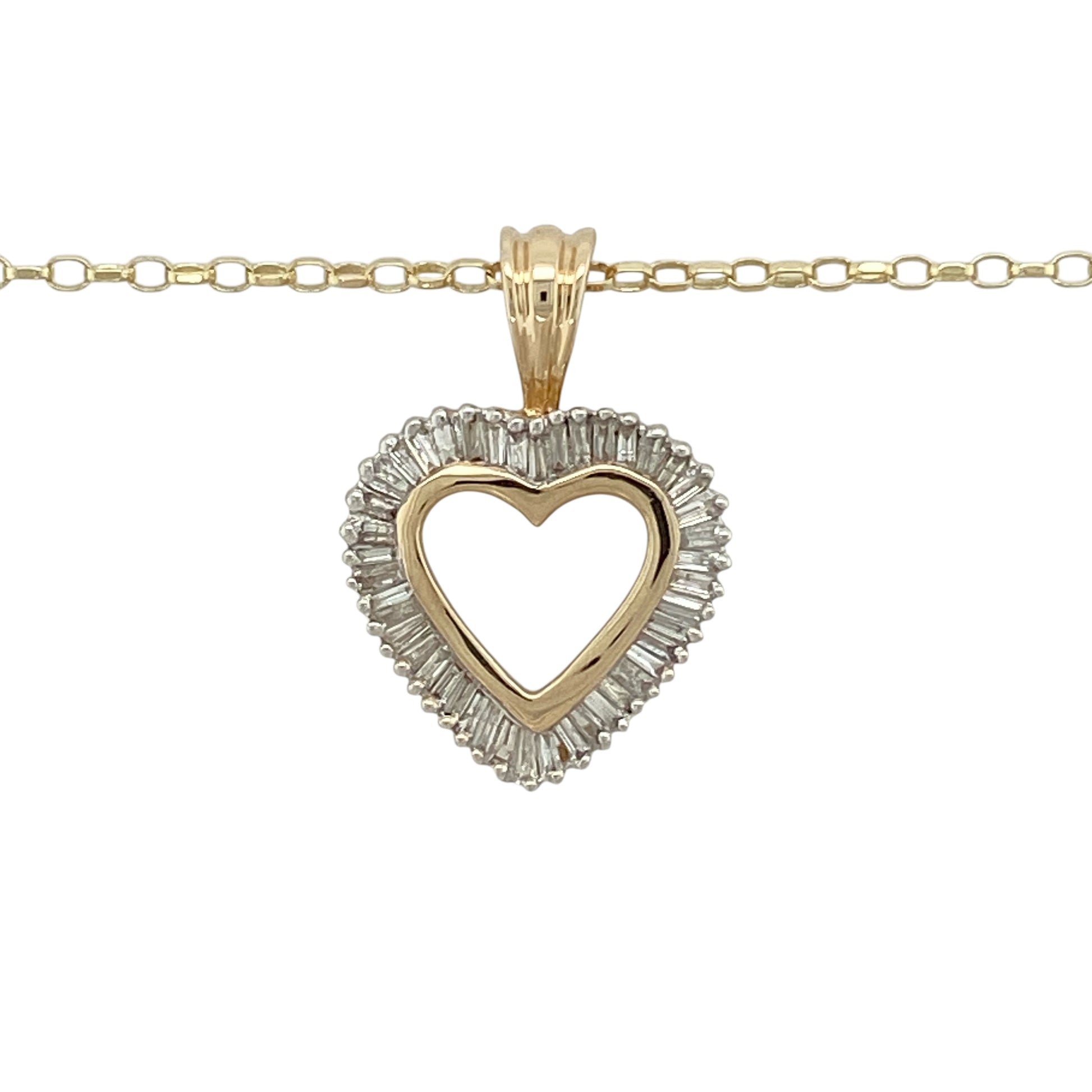 Bring romantic elegance and refined sparkle to your jewellery collection with this pre-owned 9ct yellow gold diamond set open heart pendant necklace, a timeless design with graceful charm.

Design: The pendant features an open heart silhouette accented with diamonds, creating a delicate yet eye-catching focal point. Measuring 2.4cm long including the bail, it offers a beautifully balanced and elegant presence.