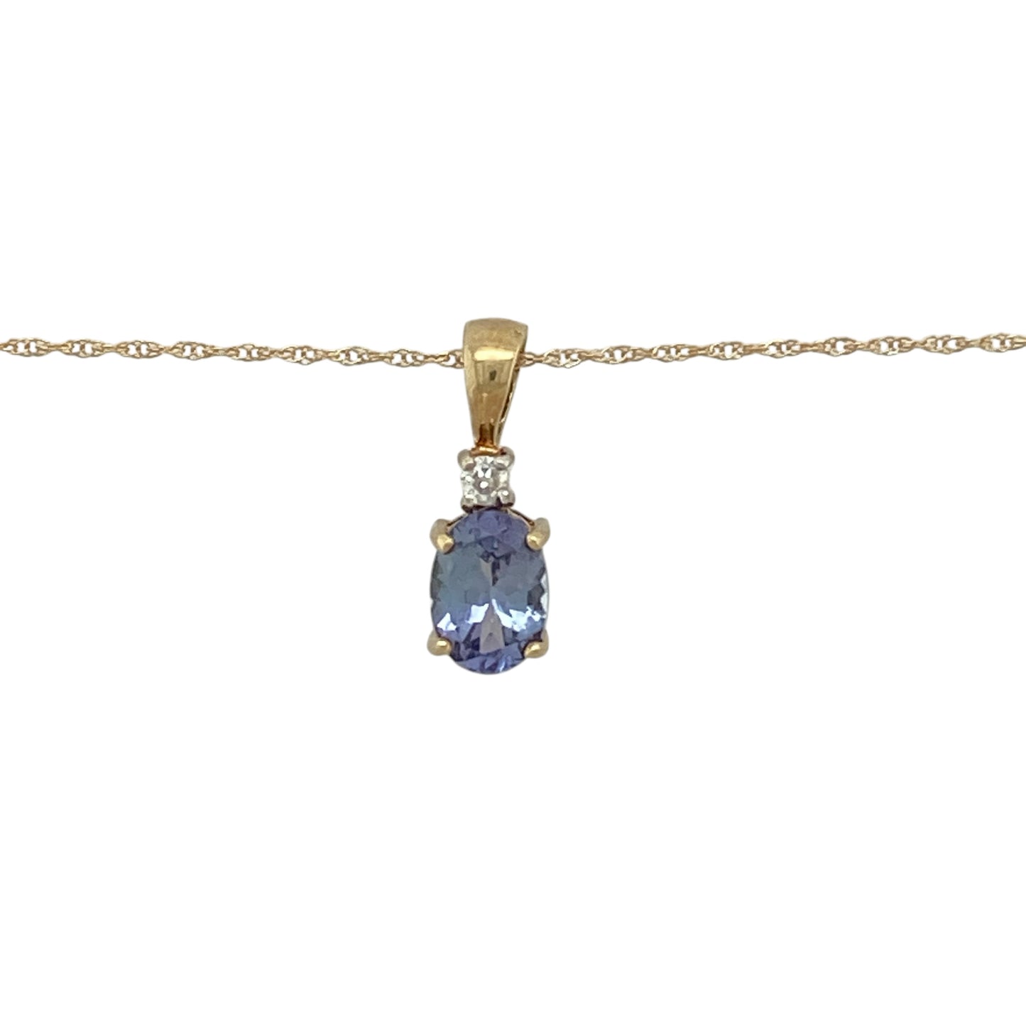 Bring refined colour and subtle sparkle to your jewellery collection with this pre-owned 9ct yellow gold diamond & blue stone set pendant necklace, a delicate design with timeless elegance.

Design: The pendant features an oval blue stone measuring 7mm by 5mm, accented with diamonds for added sparkle. Measuring 1.5cm long including the bail, it creates a graceful and understated focal point.