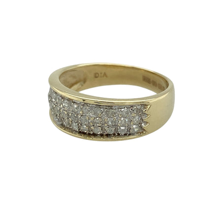 Bring bold sparkle and classic elegance to your jewellery collection with this pre-owned 9ct yellow gold diamond set wide three-row band ring, a striking design with refined presence.

Design: The ring features a wide front measuring 6mm, set with three rows of diamonds that create a strong, eye-catching display of sparkle across the band.
Material: Made from polished 9-carat yellow gold, the warm golden tone beautifully complements the brilliance of the diamonds.