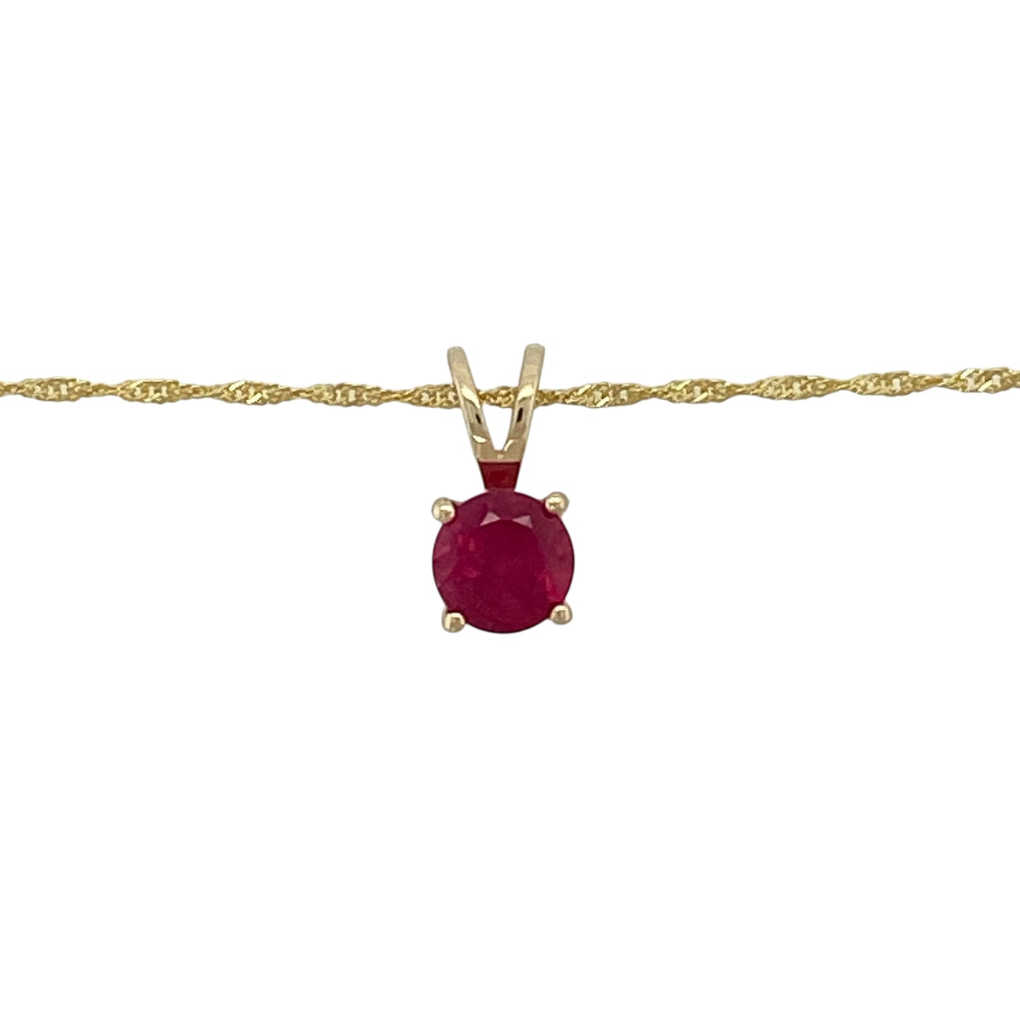 Bring rich colour and delicate elegance to your jewellery collection with this pre-owned 9ct yellow gold and ruby pendant necklace, a refined piece ideal for everyday wear or subtle occasion styling.

Design: The necklace features a vibrant round ruby displayed in a classic pendant design, suspended from a fine Singapore chain that adds gentle movement and sparkle.
Material: Made from 9-carat yellow gold, the warm golden tone beautifully complements the deep red hue of the ruby.