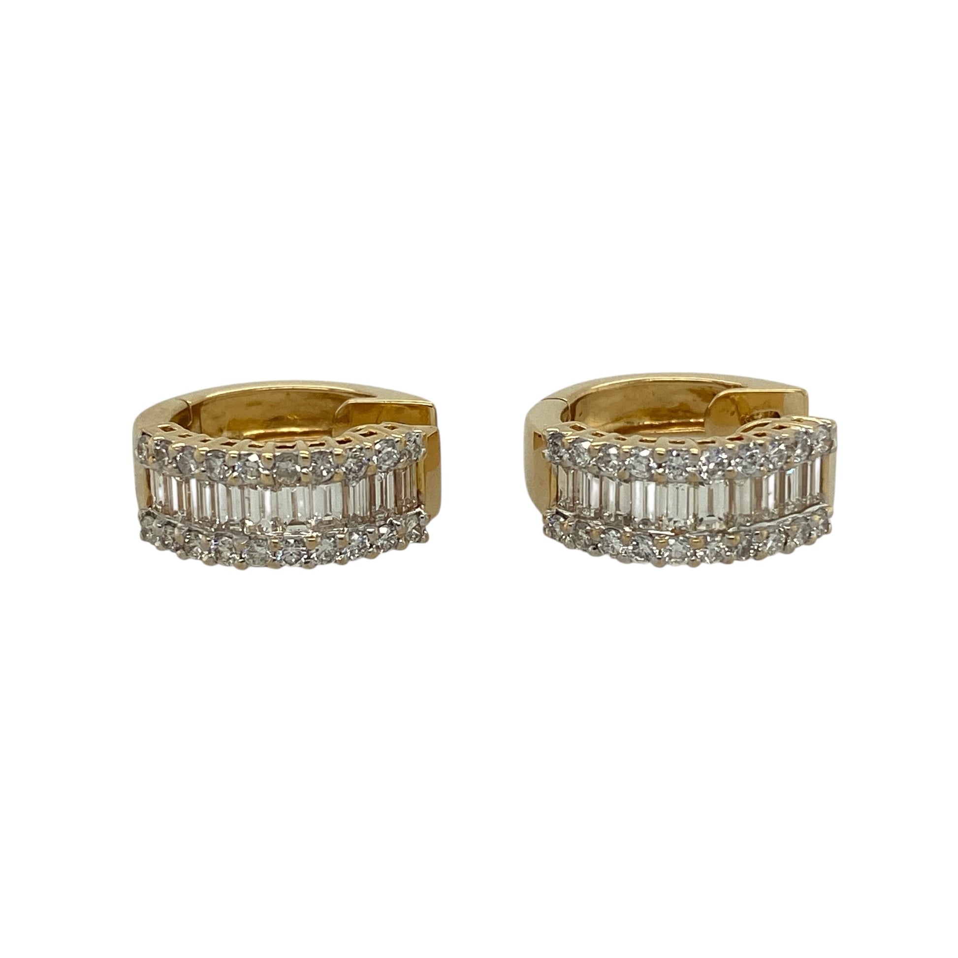 Bring refined brilliance and timeless luxury to your jewellery collection with this pre-owned 18ct yellow gold diamond set huggie earrings, an exceptional pair designed to make a confident and elegant statement.

Design: These huggie-style earrings feature a striking combination of baguette and brilliant-cut diamonds, creating a sophisticated contrast of clean lines and radiant sparkle.