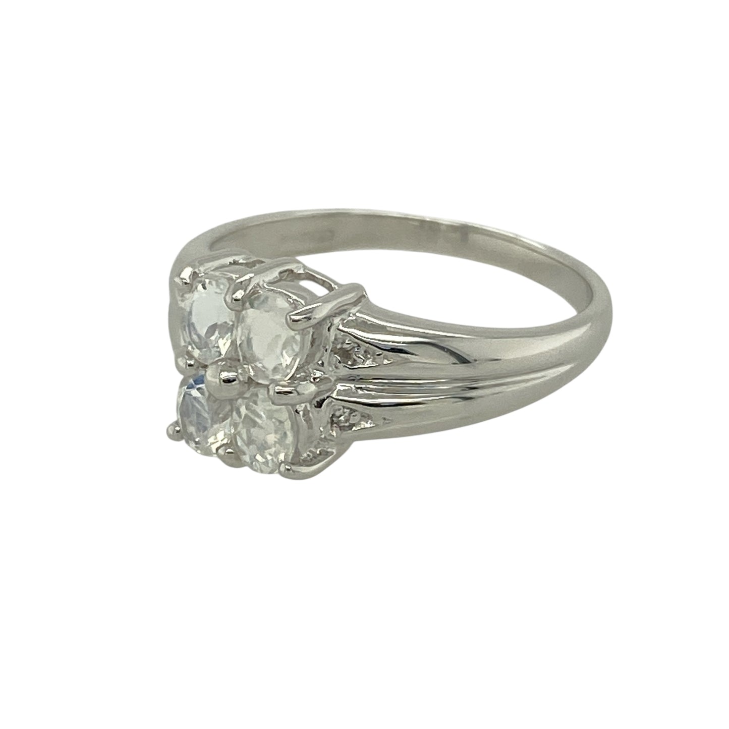 Bring soft iridescence and elegant detail to your jewellery collection with this pre-owned 9ct white gold Sri Lankan rainbow moonstone set ring, a graceful design with timeless appeal.

Design: This ring features four oval Sri Lankan rainbow moonstones arranged across the front, displaying beautiful flashes of colour and a refined, balanced look.
Material: Made from 9-carat white gold, the bright polished finish complements the moonstones’ natural shimmer and enhances the ring’s delicate elegance.