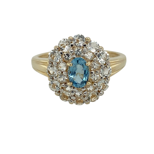 9ct Gold Santa Maria African Aquamarine & White Topaz Cluster Ring