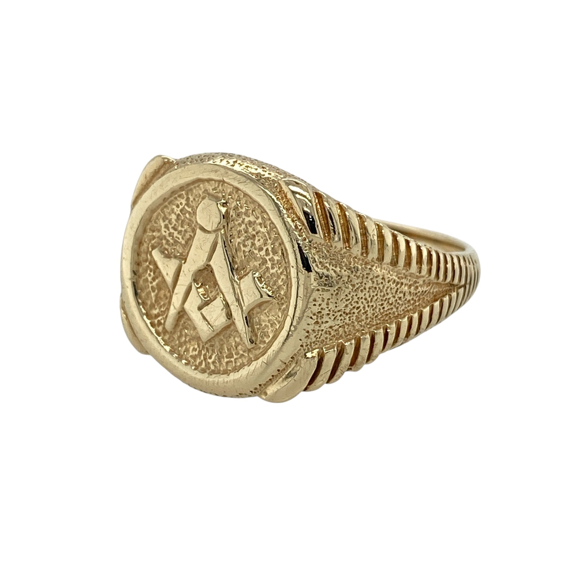 Bring symbolic heritage and bold traditional styling to your jewellery collection with this pre-owned 9ct yellow gold Masonic watch-style signet ring, a distinctive piece with strong character and meaning.

Design: This ring features a classic watch-style signet head inspired by traditional Masonic design, offering a bold and recognisable look with timeless appeal.
Material: Made from 9-carat yellow gold, the warm polished finish enhances the depth of the design and the ring’s enduring presence.