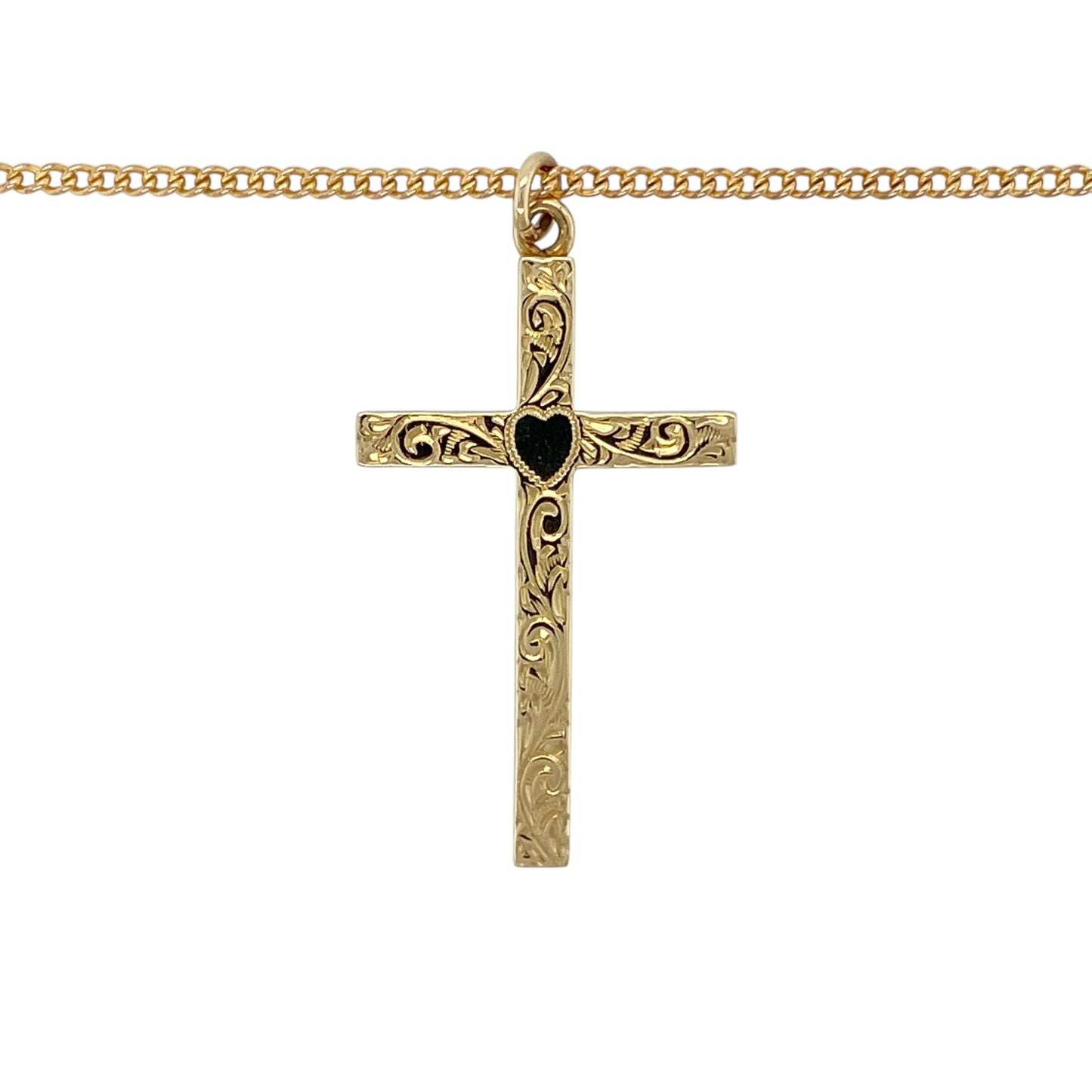 Bring timeless faith and classic style to your jewellery collection with this pre-owned 9ct yellow gold patterned cross pendant necklace, a striking piece with meaningful presence.

Design: The necklace features a traditionally styled cross pendant with decorative patterned detailing, suspended from a classic curb chain for a balanced and enduring look.
Material: Made from 9-carat yellow gold, the warm polished finish enhances the intricate pattern and the pendant’s timeless appeal.