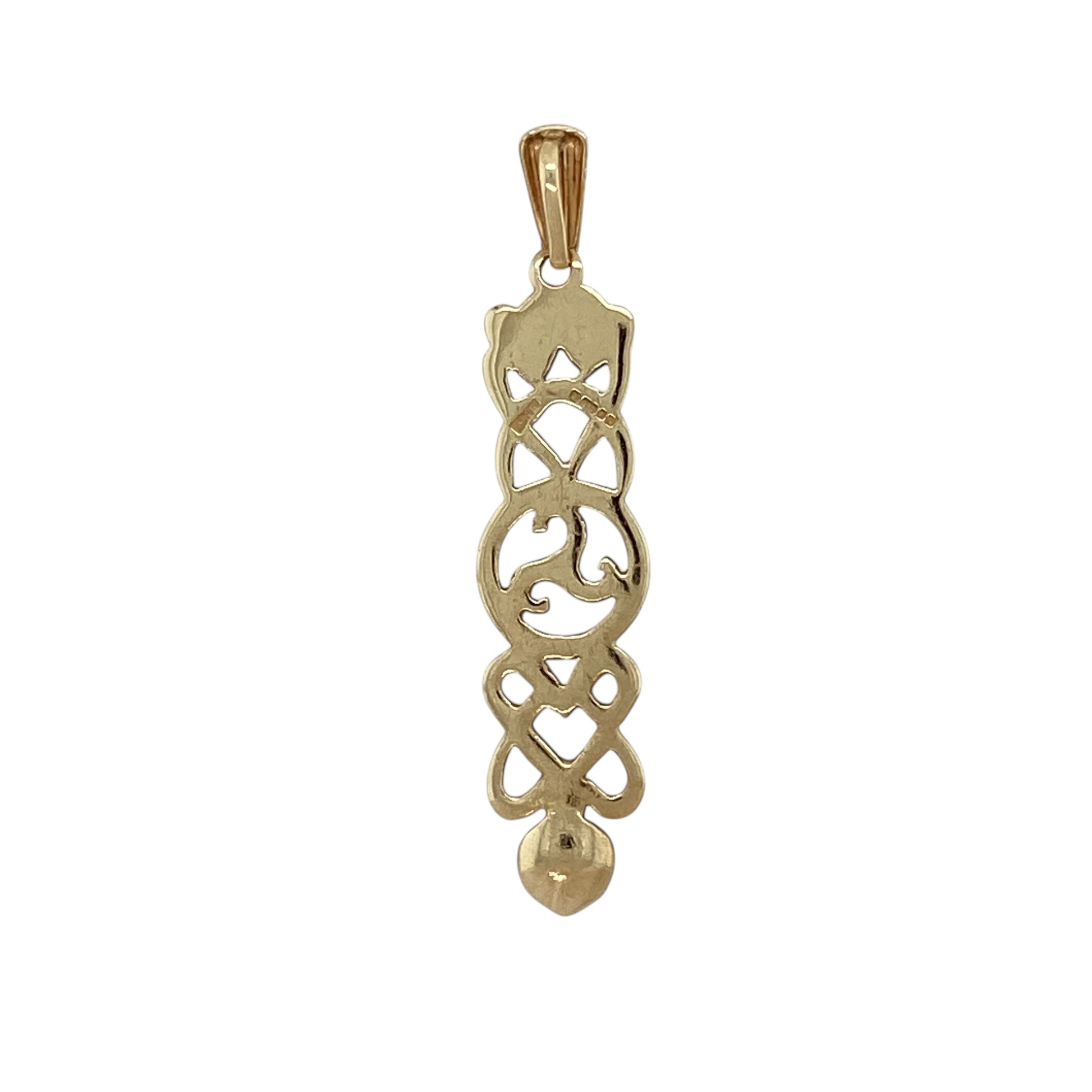 Bring romantic symbolism and traditional Welsh charm to your jewellery collection with this pre-owned 9ct yellow gold Celtic pattern and double heart lovespoon pendant, a meaningful piece rich in heritage.

Design: This pendant features a classic lovespoon design incorporating a Celtic pattern and double heart motif, symbolising love, unity, and everlasting connection.
Material: Made from 9-carat yellow gold, the warm polished finish enhances the detailed Celtic styling and timeless appeal.