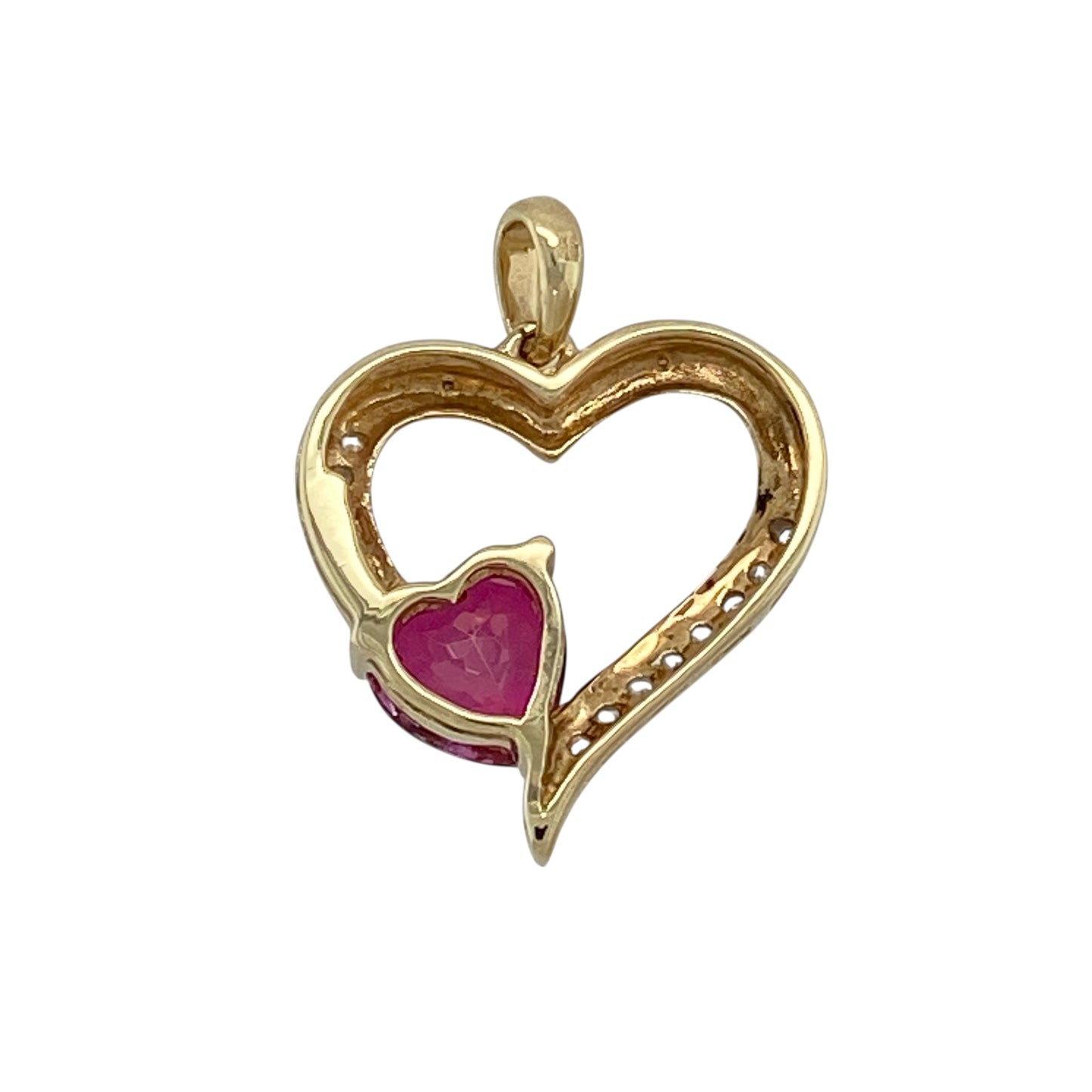 Bring romantic colour and elegant sparkle to your jewellery collection with this pre-owned 9ct yellow and white gold diamond and ruby set heart pendant, a beautifully expressive piece with timeless charm.

Design: This pendant features a heart-shaped design in yellow and white gold, centred with a heart-shaped ruby that adds rich colour, complemented by diamond accents for refined sparkle.
