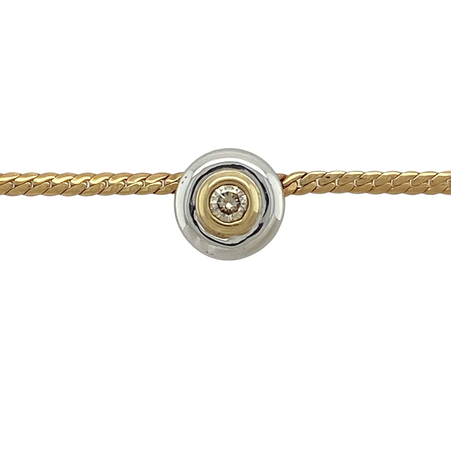 Bring modern elegance and refined sparkle to your jewellery collection with this pre-owned 9ct yellow and white gold diamond set circle necklace, a stylish piece with timeless appeal.

Design: The necklace features a classic circular pendant in contrasting yellow and white gold, accented with diamond detailing for a subtle yet eye-catching finish, suspended from a sleek flat curb chain.