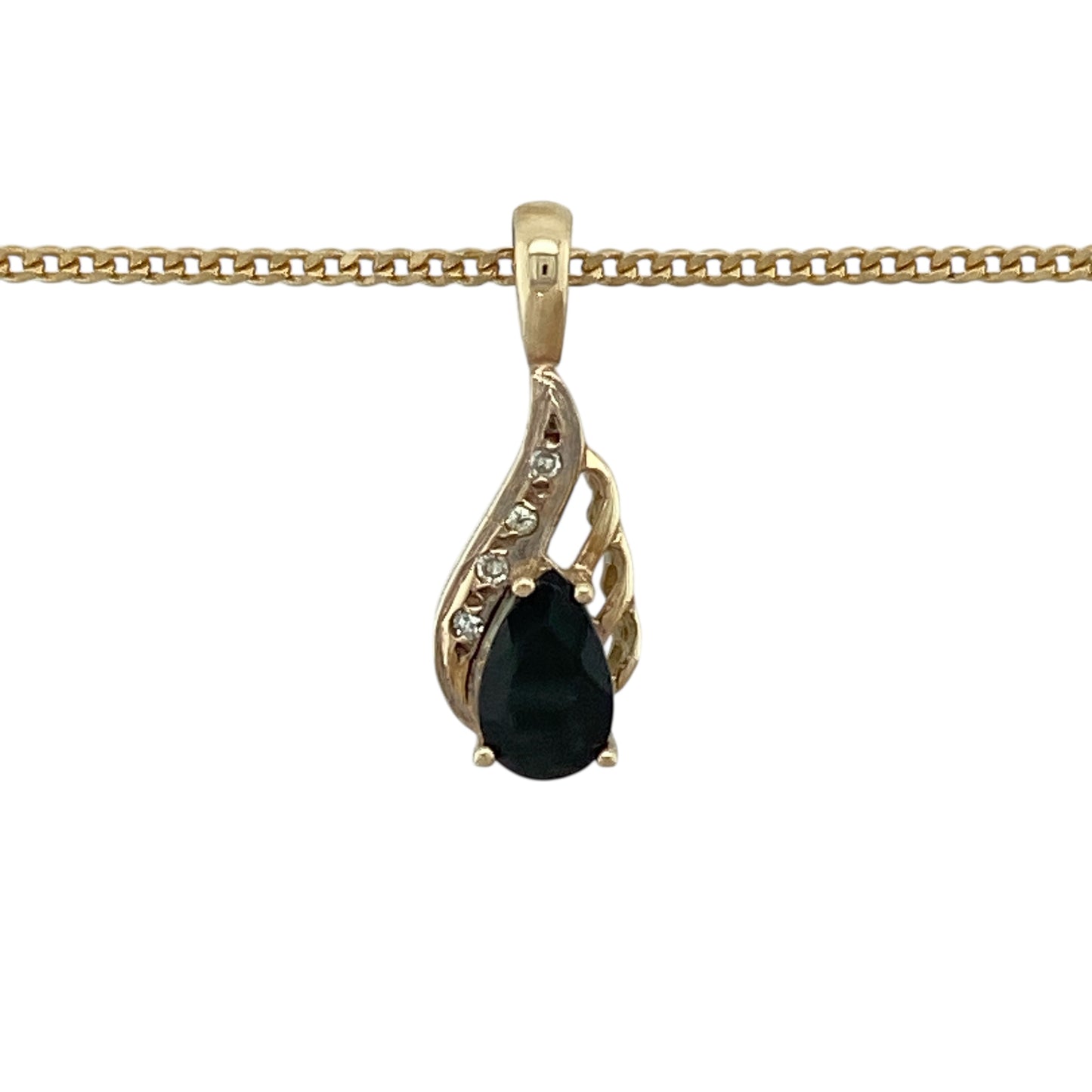 Bring classic colour and refined sparkle to your jewellery collection with this pre-owned 9ct yellow gold diamond and sapphire set pendant necklace, a timeless piece with elegant presence.

Design: The pendant features a graceful teardrop-shaped sapphire at the centre, accented with diamond detailing that enhances its rich blue colour and adds refined brilliance, suspended from a classic curb chain.