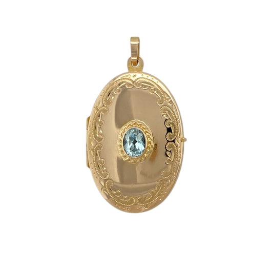 9ct Gold & Blue Topaz Set Patterned Oval Locket