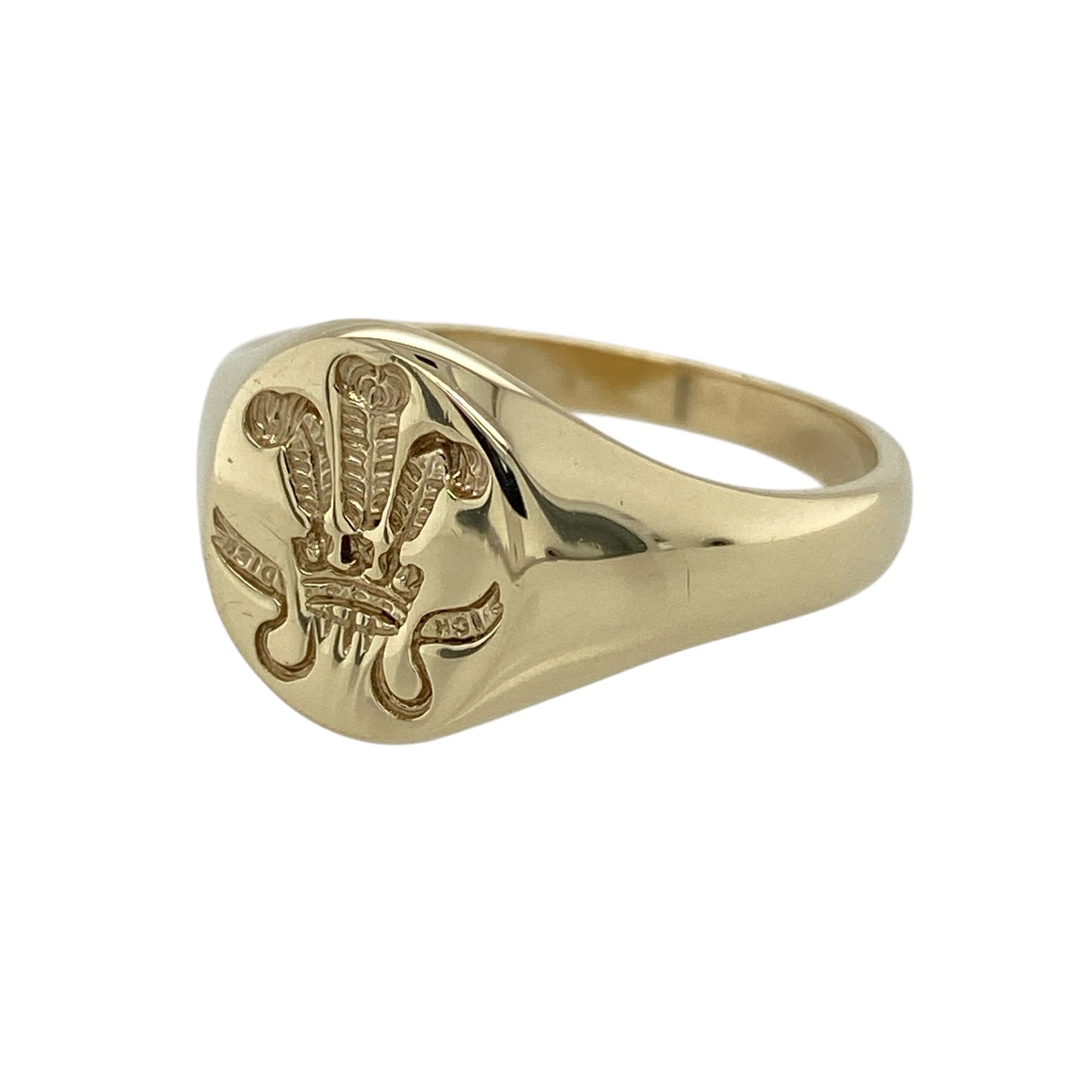 Bring heritage style and bold character to your jewellery collection with this pre-owned 9ct yellow gold Welsh three feathers oval signet ring.

Design: The ring features a classic oval signet face displaying the traditional Welsh three feathers motif, with the front measuring approximately 13mm in height for a strong and distinctive look.
Material: Made from 9-carat yellow gold, the warm polished finish enhances the detailed emblem and timeless appeal.