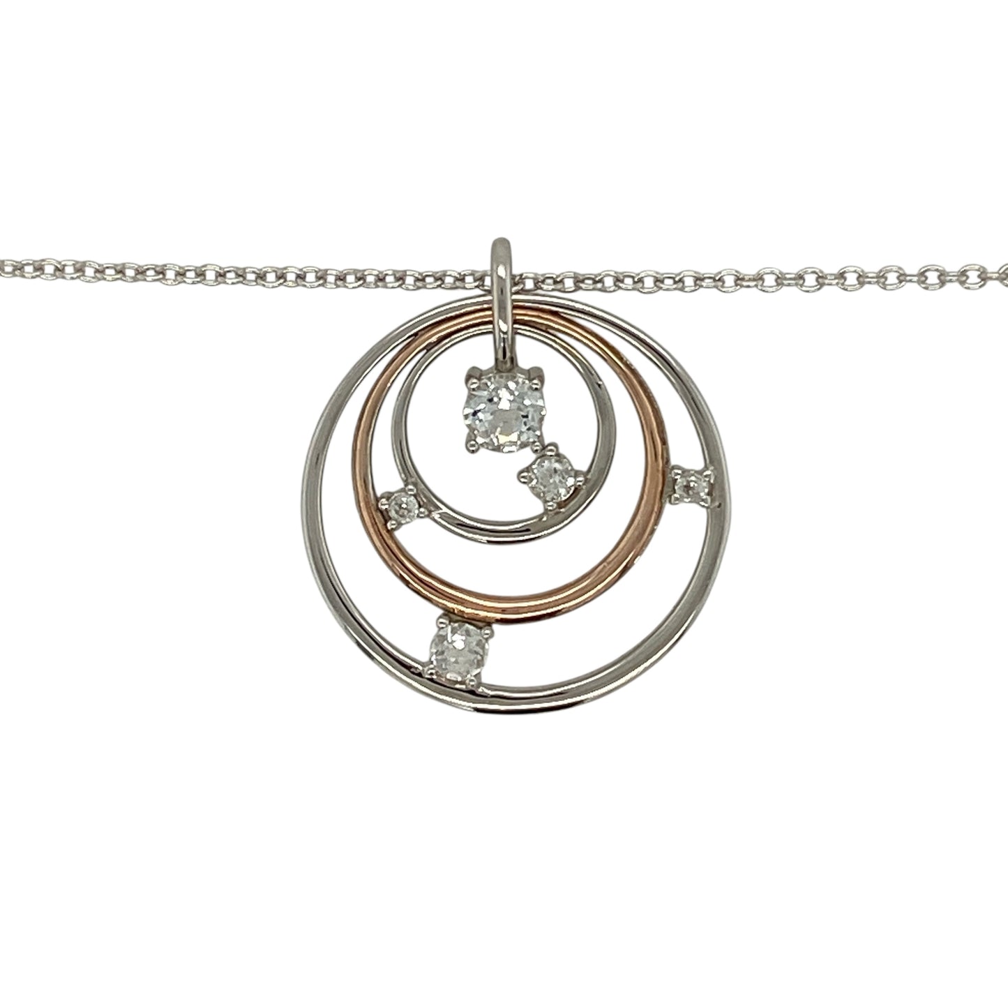 Bring celestial elegance and refined sparkle to your jewellery collection with this pre-owned 925 silver and 9ct rose gold white topaz set Clogau Circle Awyr Y Nos pendant necklace.

Design: The pendant features a circular Awyr Y Nos (Night Sky) design, symbolising beauty and wonder, accented with shimmering white topaz and measuring approximately 2.4cm in length including the bail for an elegant presence.