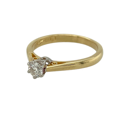 Bring timeless elegance and classic brilliance to your jewellery collection with this pre-owned 18ct yellow gold diamond set solitaire ring.

Design: The ring features a single brilliant-cut diamond at the centre, approximately 0.21ct, creating a clean and iconic solitaire style.
Material: Made from 18-carat yellow gold, the rich polished finish beautifully enhances the sparkle of the diamond.