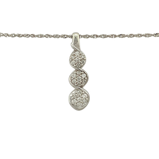 Bring elegant sparkle and floral charm to your jewellery collection with this pre-owned 9ct white gold diamond set flower trilogy pendant necklace.

Design: The pendant features a delicate flower-inspired trilogy design, set with sparkling diamonds and measuring approximately 2.7cm in length including the bail, creating a refined and graceful focal point.