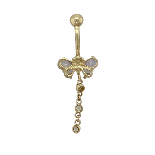 Bring playful colour and sparkling charm to your jewellery collection with this pre-owned 9ct yellow gold purple stone and cubic zirconia set butterfly drop belly bar.

Design: The belly bar features a delicate butterfly drop design, highlighted with a vibrant purple stone and accented with shimmering cubic zirconia for added sparkle.
Material: Made from 9-carat yellow gold, the warm polished finish beautifully complements the rich purple tones and bright cubic zirconia details.