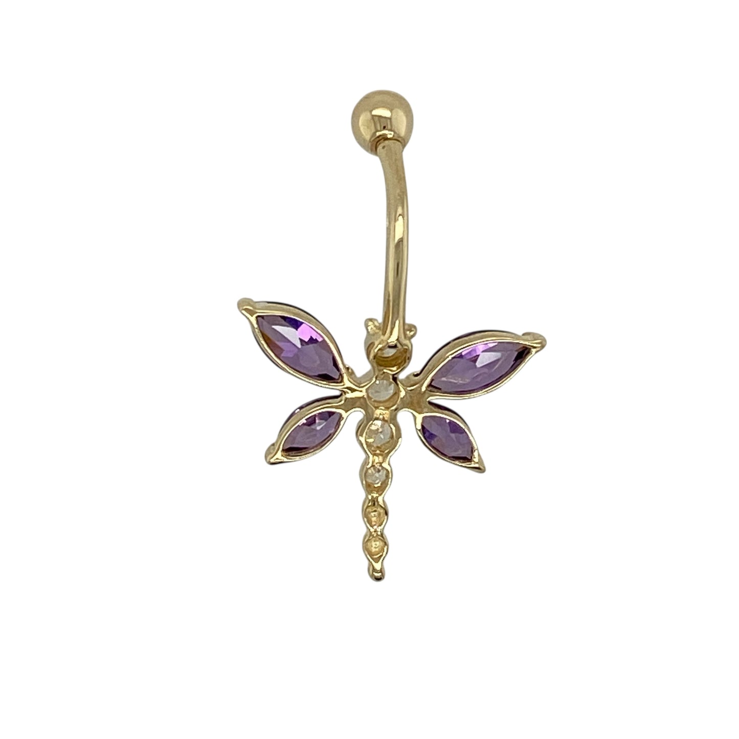 Bring playful colour and sparkling charm to your jewellery collection with this pre-owned 9ct yellow gold amethyst and cubic zirconia set butterfly belly bar.

Design: The belly bar features a delicate butterfly motif, highlighted with a rich purple amethyst and accented with shimmering cubic zirconia for added sparkle.
Material: Made from 9-carat yellow gold, the warm polished finish beautifully complements the vibrant amethyst and bright cubic zirconia details.