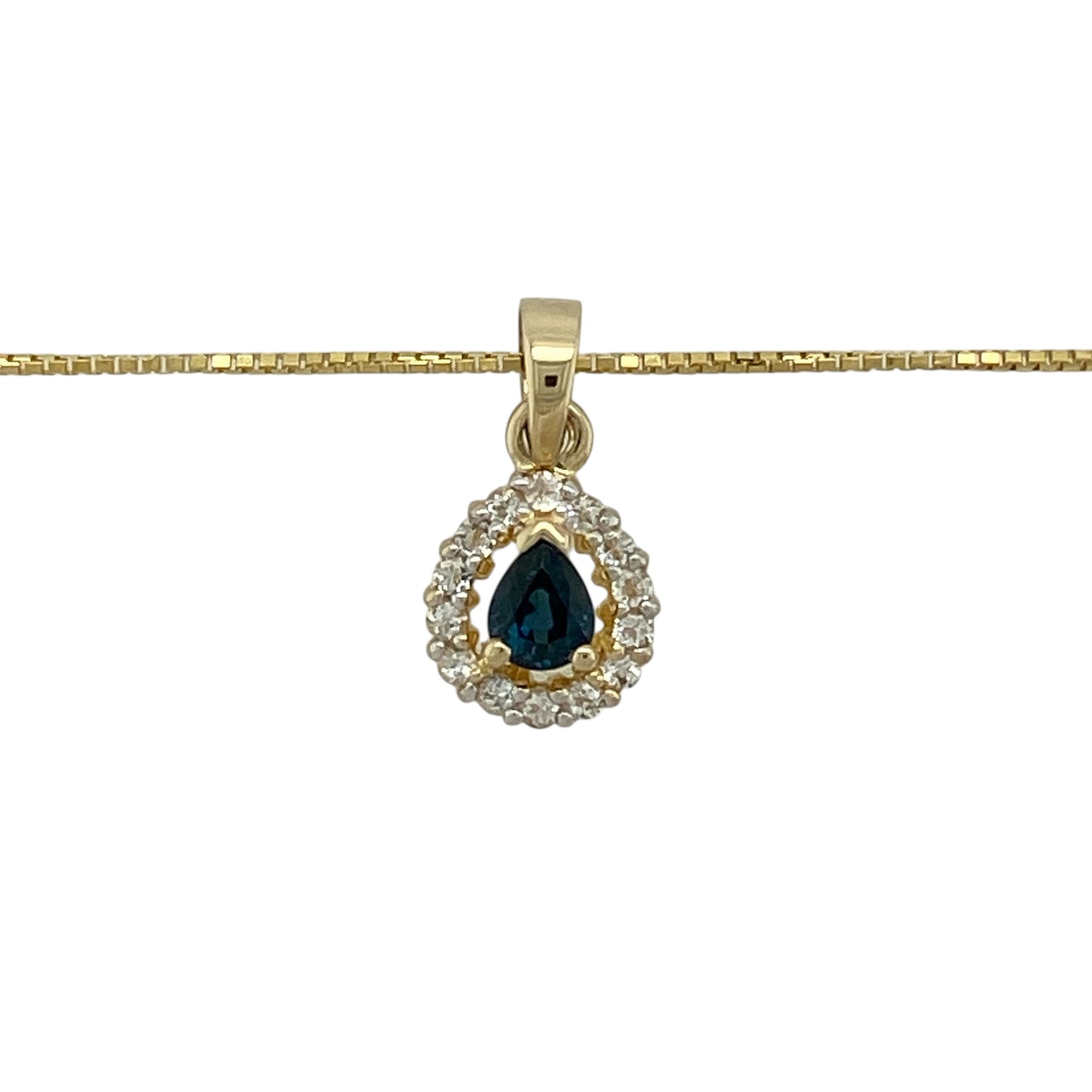 Bring classic colour and elegant sparkle to your jewellery collection with this pre-owned 9ct yellow gold sapphire and cubic zirconia set teardrop cluster pendant necklace.

Design: The pendant features a teardrop-shaped sapphire measuring approximately 5mm by 4mm, surrounded by shimmering cubic zirconia to create a refined cluster design. The pendant measures approximately 1.8cm in length including the bail.